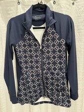 Peter Millar Womens Full Zip Jacket Top Size S Golf UPF EUC Navy Blue Print