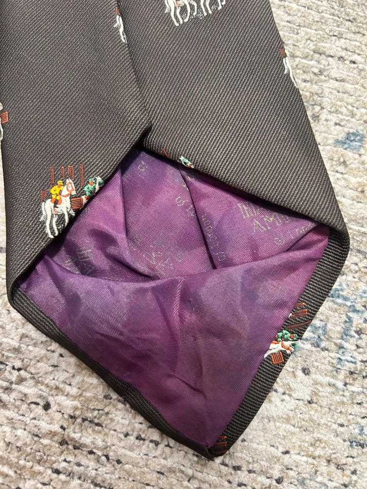 Corbata Hardy Amies vintage marrón carrera de caballos jockey bordada criatura Foto 4 de 4