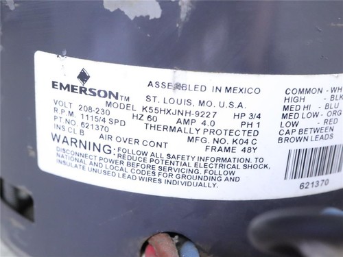 EMERSON K55HXJNH-9227 Furnace Blower Motor 208-230V 3/4HP 1115RPM 4SPD 621370 - Picture 2 of 5