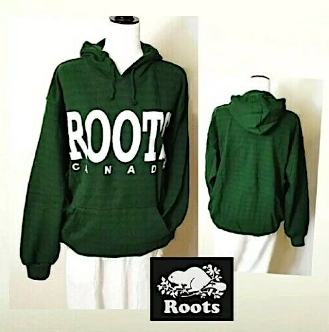 ROOTS Canada Sweatshirt Green White Sz M L Double lined Hoodie Top