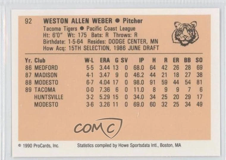 1990 ProCards Minor League Wes Weber #92 - Image 2 of 2