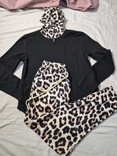 Two-Piece Set Women's Leopard Print Zip Up Hooded Jacket Pants Tracksuit Set, M
