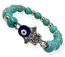 Hamsa Hand Evil Eye Bracelet Turquoise Howlite Stretch Beaded Protection Jewelry