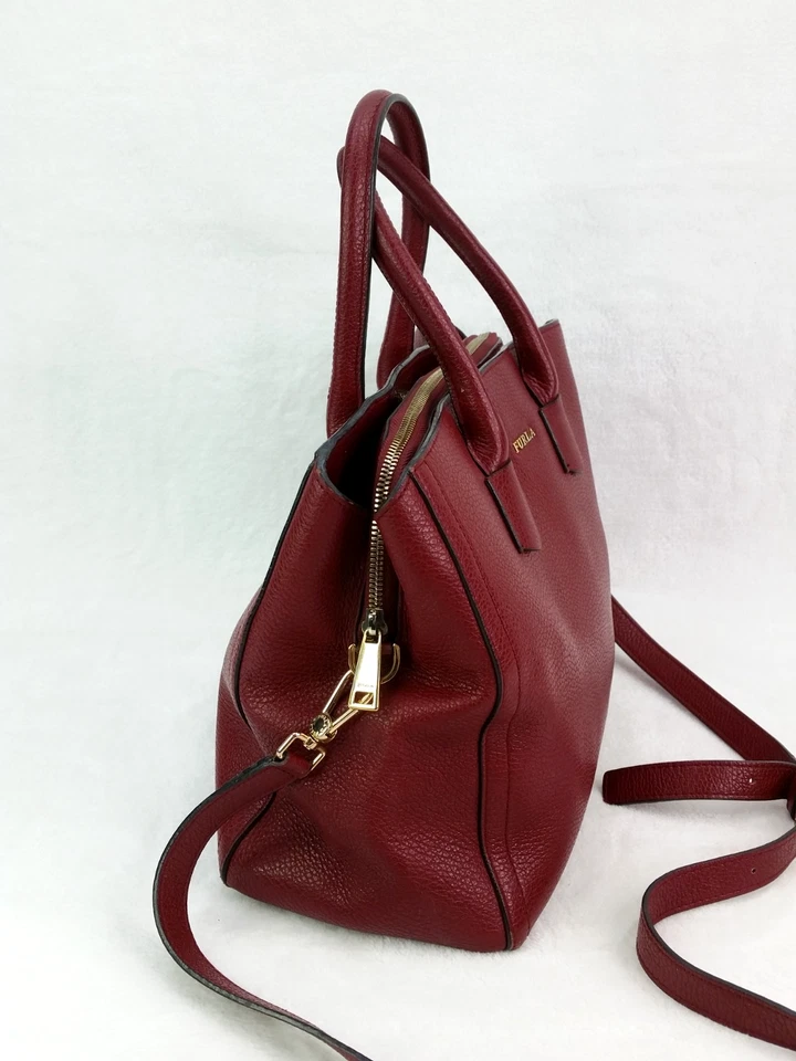 Furla Double Handle Satchel Bag Red Leather Shoulder Hand Bag Purse - Image 3 of 4