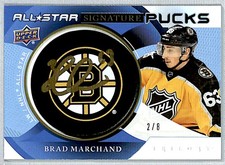 Brad Marchand 2019-20 UD Trilogy Signature Pucks Team Logo Auto /8 #ASP-BM