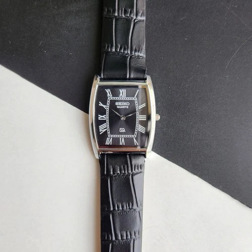 Vintage Seiko Slim Tank Quartz Men Black Dial Dress Watch-Free Shipping