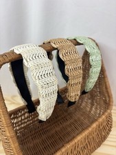 Lot Of 3 Rattan Woven Headbands Wide Raffia Hair Accessories Neutral Tones