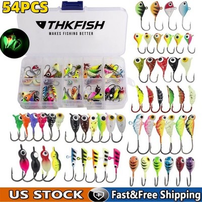 54PCS Ice Fishing Jigs and Lures Kit Glow in Dark Jig Heads for Panfish Trout 