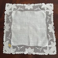 VTG Wedding Hankie White Cotton Embroidered Net Lace Bridal Roses 11x11" NWT