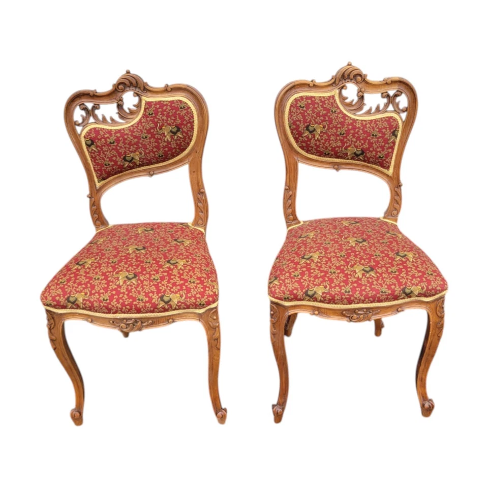 Antique French Louis XV Style Walnut Chairs Pair Ornate Carved Red Upholstery - Image 2 of 4