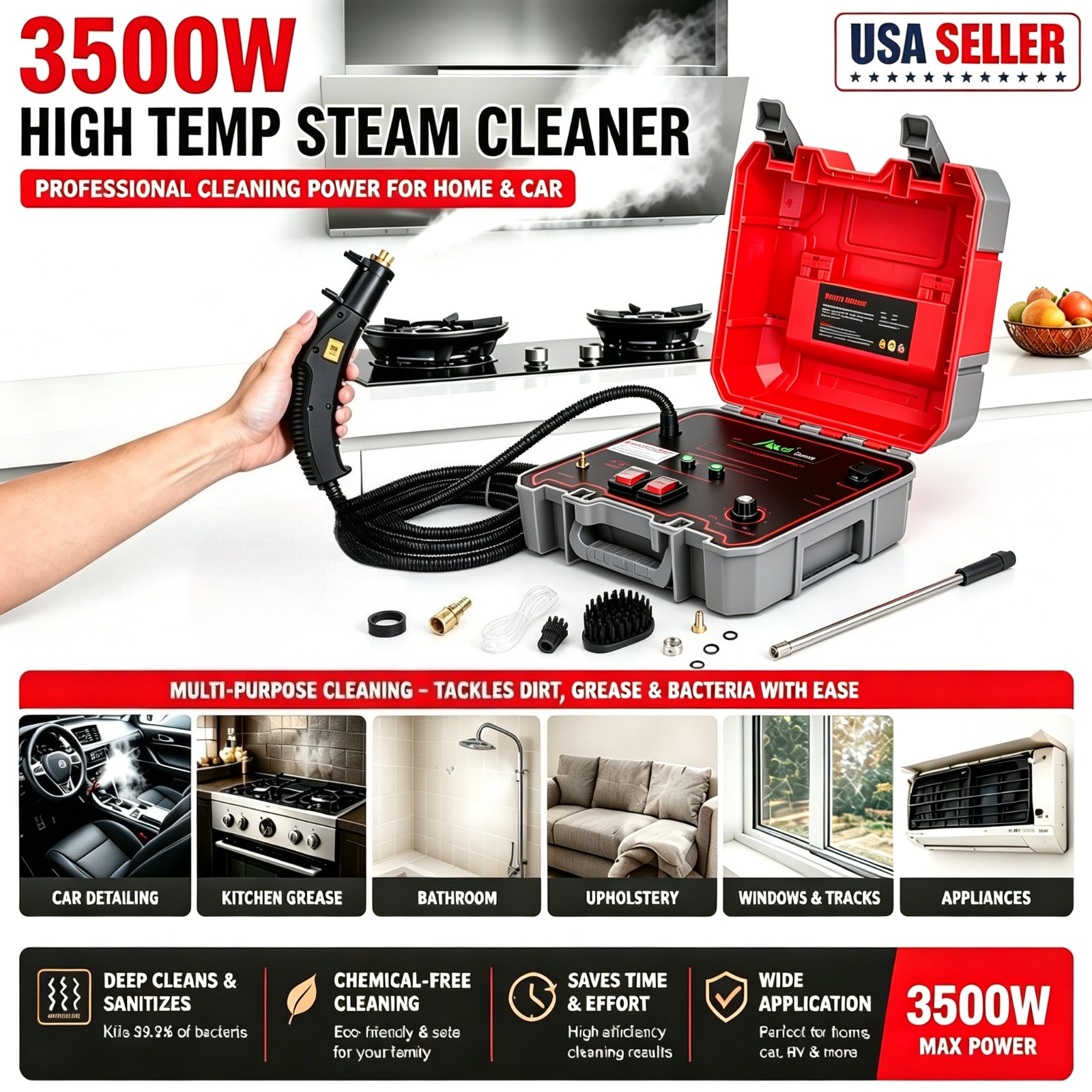 3500W Handheld Car Detailing Cleaning Machine High Temp Steam Cleaner Household