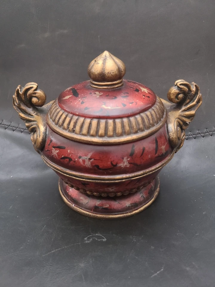 Tarro de urna decorativo con tapa estilo vintage resina dorada roja acento barroco decoración del hogar Foto 2 de 4