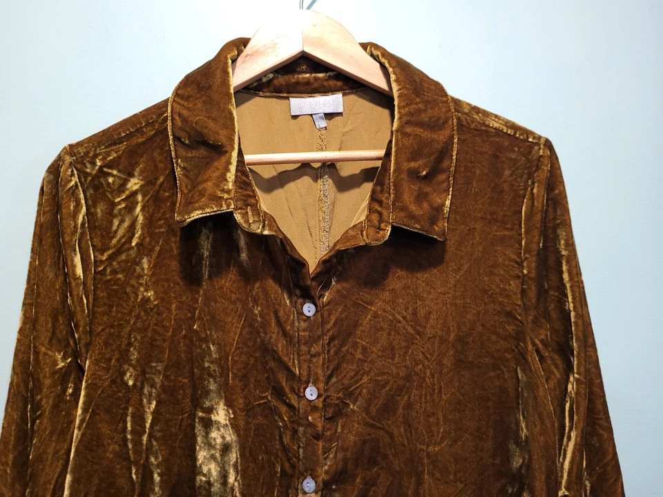 Camisa Habitat Terciopelo Aplastado Manga Larga Abotonada Marrón Dorado Talla L Foto 2 de 4