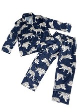 Women  s 2pc Navy Satin Print Button Up Top  Cropped Pant Pajama Set Size M