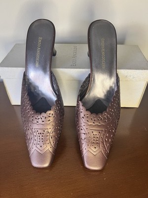 Enzo Angiolini Black Croc Embossed Leather Square Toe Kitten Heel Mules 7 NIB