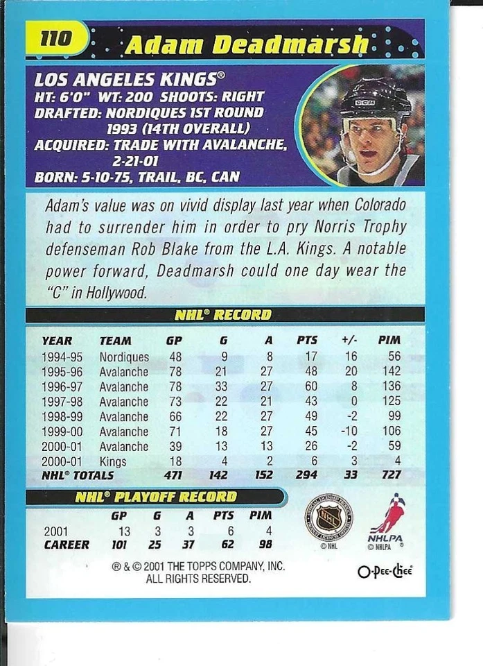 2001-02 OPC HOCKEY HERITAGE PARALLEL INSERT #110 ADAM DEADMARSH - Image 2 of 2