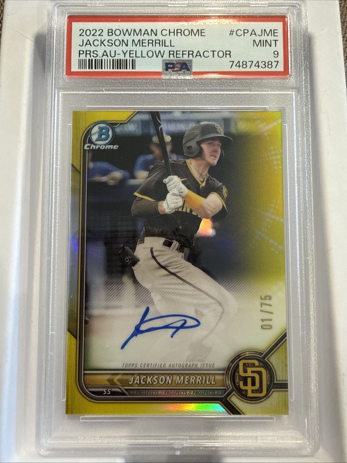 2022 Bowman Chrome - Jackson Merrill Auto #CPA-JME Yellow Refractor /75 (AU, RC)