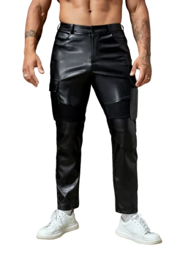 Men's Black Genuine Leather Cargo Biker Pants black leather Trouser pants