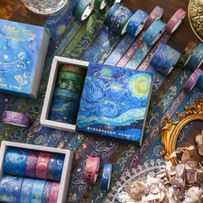 Set of 10 Rolls Gold Foil Art Washi Tapes, Van Gogh Monet Washi Tape Set, Starry