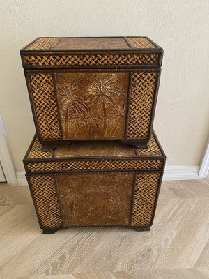 Set Of 2 Vintage Rattan & Bamboo Treasure Chest Bohemian Style Storage Trunks