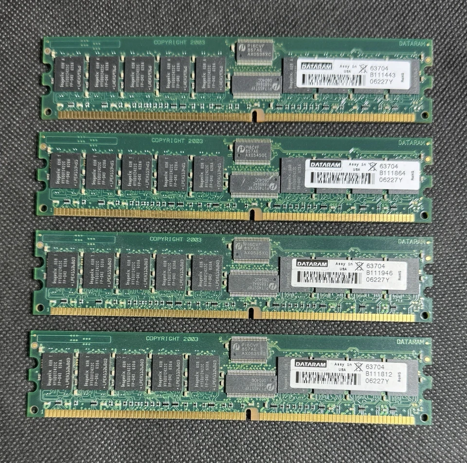 4 PIECES DATARAM 63704 1GB 184p PC3200 REGISTERED ECC DDR400 DIMM (4 DIMMS) - Image 2 of 4