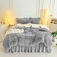 Gray Faux Fur Comforter Set Full/Queen 3 Pieces - 1 Shaggy Comforter 90x90 an...