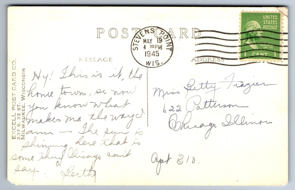 1945 WOW RPPC STEVENS POINT, WI MARKET SQUARE, CARS STORES AD PHOTO