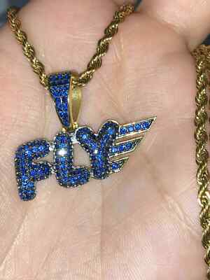 2 Carat Blue Diamond FLY Only Pendant Charm For Mens 14K Yellow Gold Plated