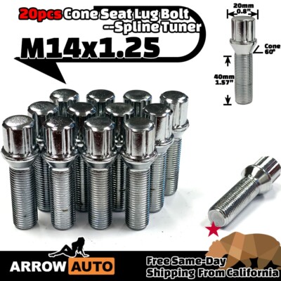 20x Chrome M14x1.25 Cone Spline Bolt 40mm Shank For 10-15mm Spacers Fit BMW Mini