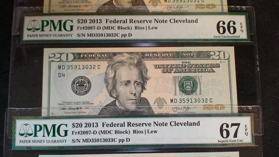 4 CONSECUTIVE 2013 Twenty Dollar PMG GEM 66 & 67 EPQ NOTES CLEVELAND $20 BILLS! - Image 3 of 4