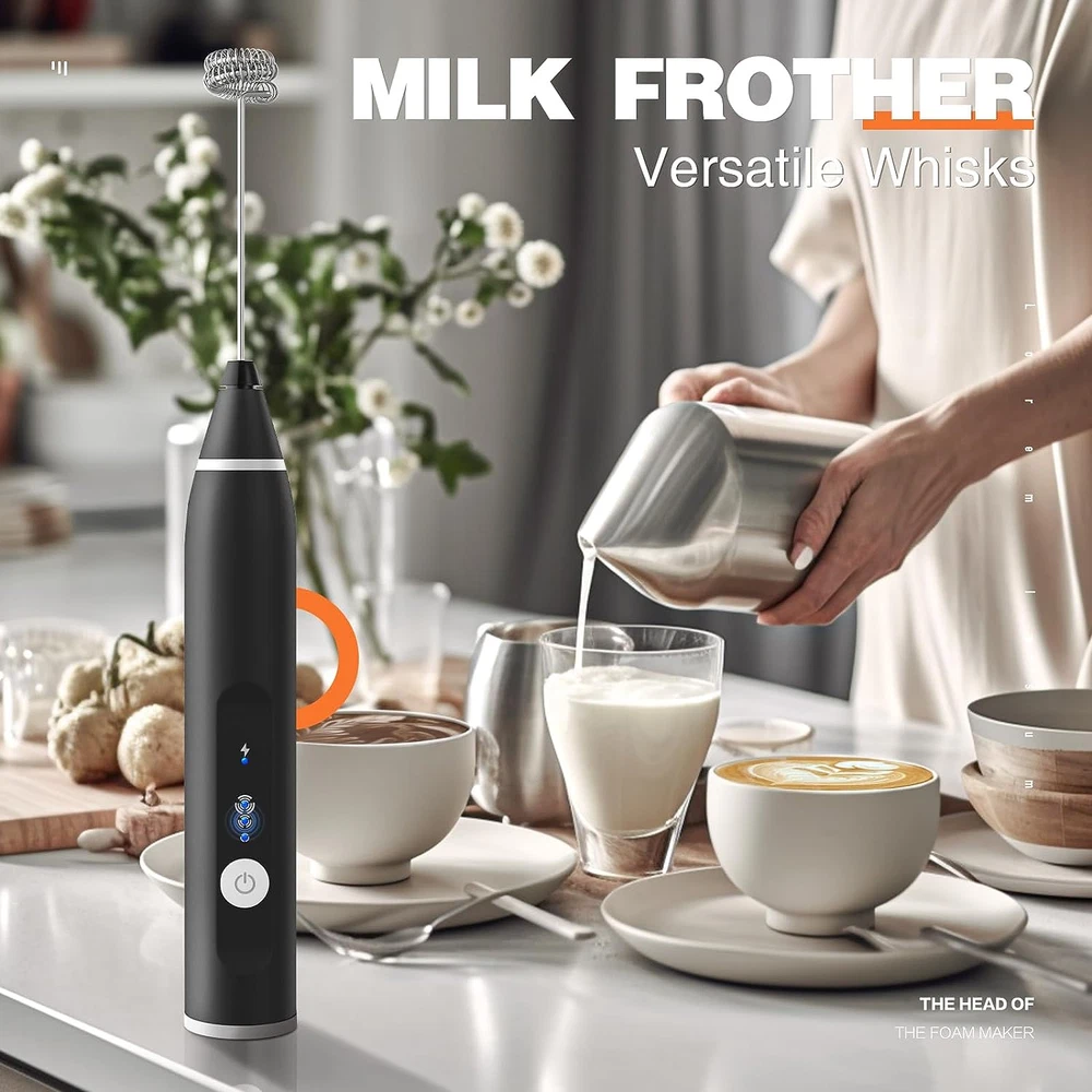 Milk Frother Rechargeable Handheld Electric Whisk Coffee Frother Mixer with 2 St