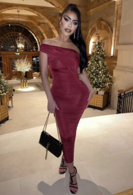 Fashion Nova Tessa Ruched Midi Dress - Burgundy Size XS | eBay