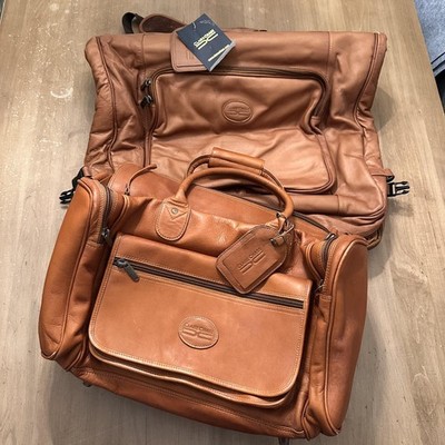 Claire Chase Leather Garment Bag Carry On Duffel Travel Luggage Set Tan