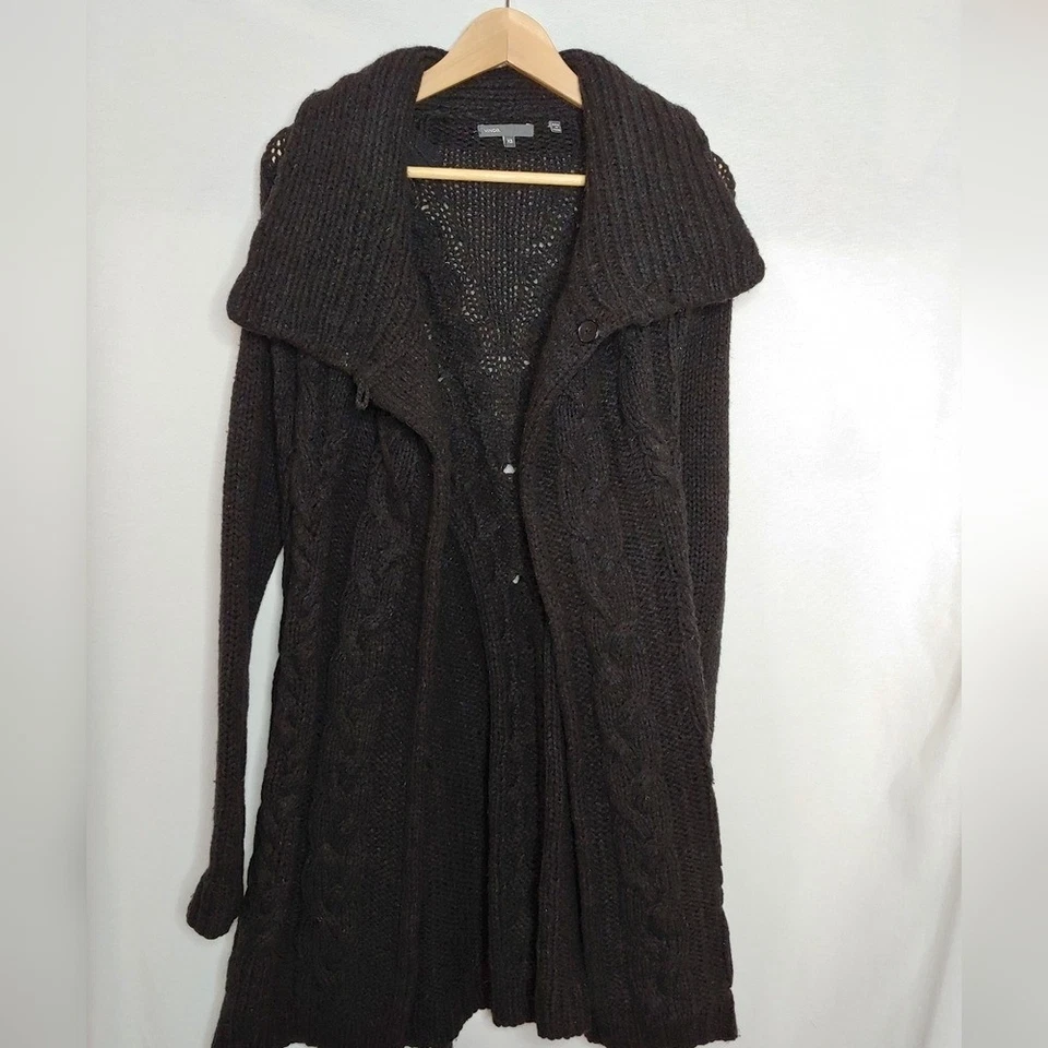Cárdigan Vince Grueso Tejido Longline Frente Abierto Lana Yak Negro Gris XS Cinturón Foto 2 de 4