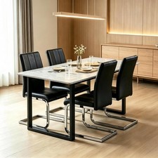 Marble Effect Wooden Dining Table and 4PCS Grey PU Chairs Kitchen Dining Room