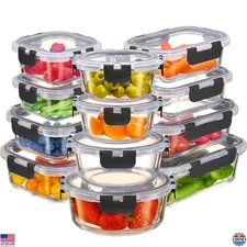 FineDine 24-Piece Black Glass Storage Container Set - Leak-Proof, Dishwasher