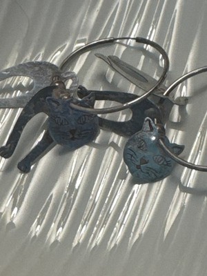 Vintage Sterling Silber Ohrhänger Creolen Katze Tier 3D Kätzchen