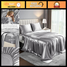Satin Cal King Sheet Set - 4PC Silky Bedding, Deep Pocket, Soft Cooling Gray