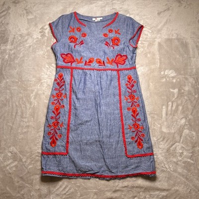 Boden Bea Linen Embroidered Shift Dress Womens 8 Blue Red Chambray Floral  Boho | eBay