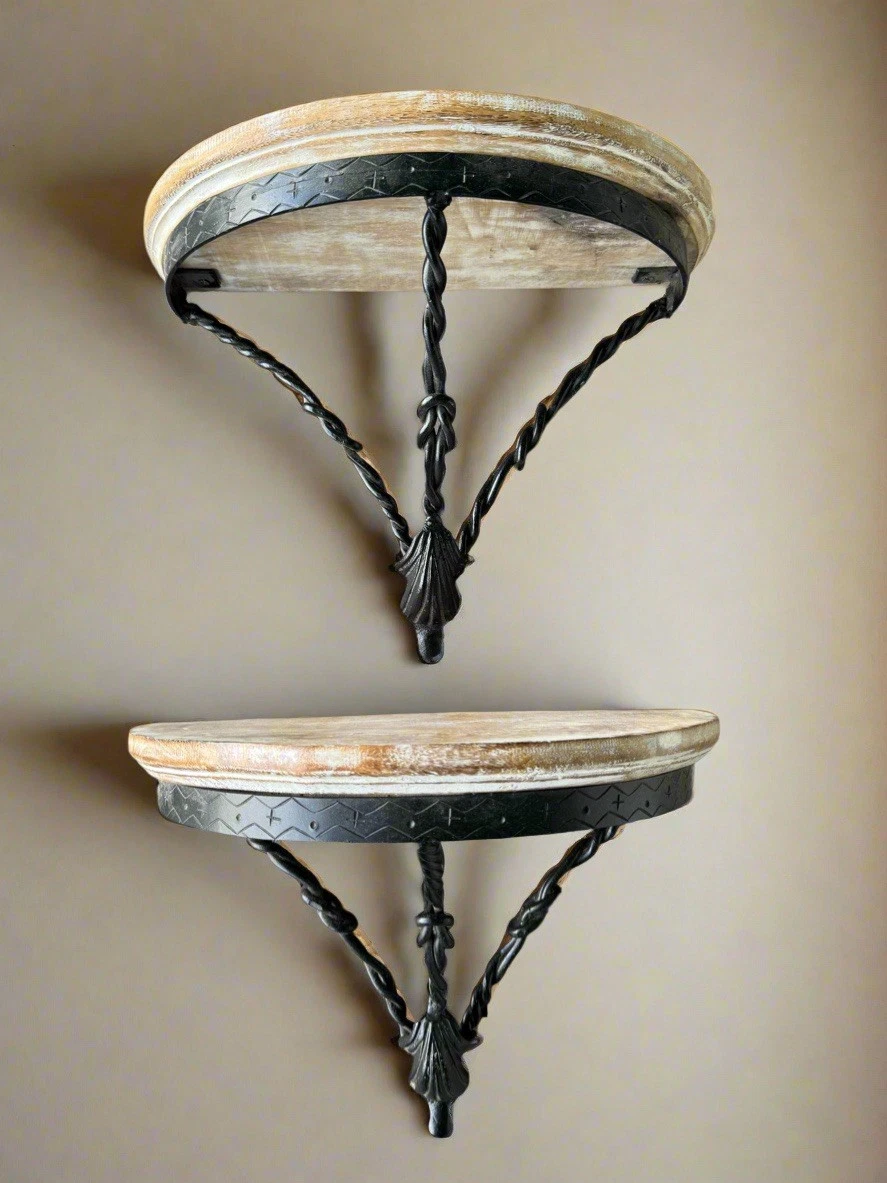 Wall Shelves Pair Rustic Iron & Wood 12.5” X 9.5”x 9.5” ESTATE FIND