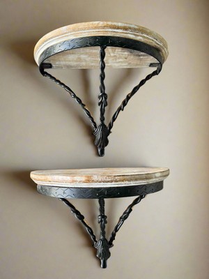 Wall Shelves Pair Rustic Iron & Wood 12.5  X 9.5 x 9.5  ESTATE FIND