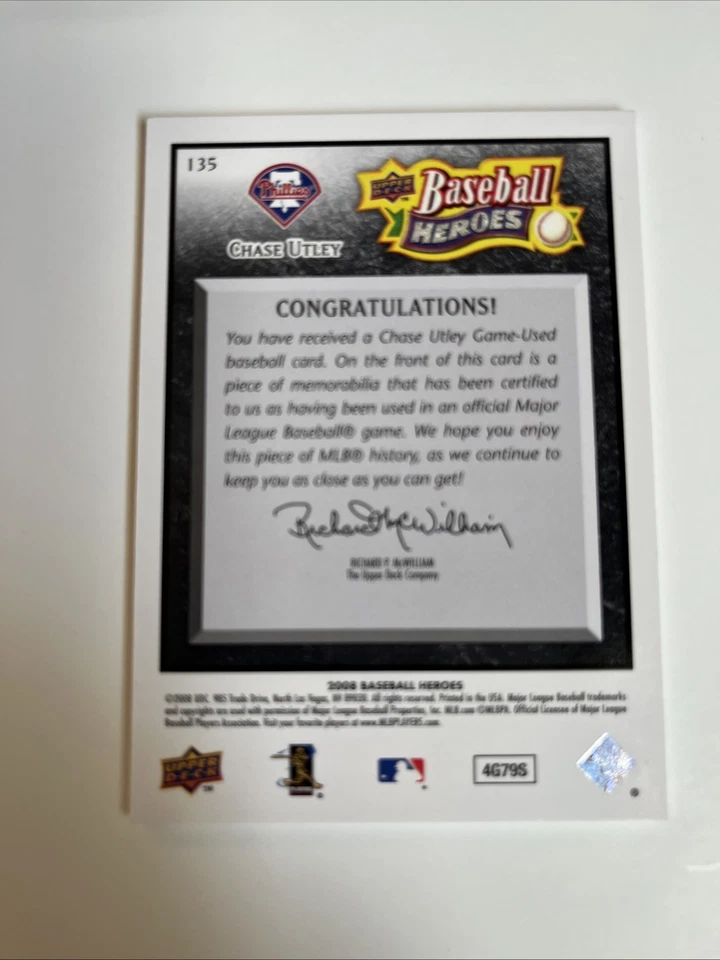 2008 Upper Deck Chase Utley Game Used card - Phillies - Image 2 of 2