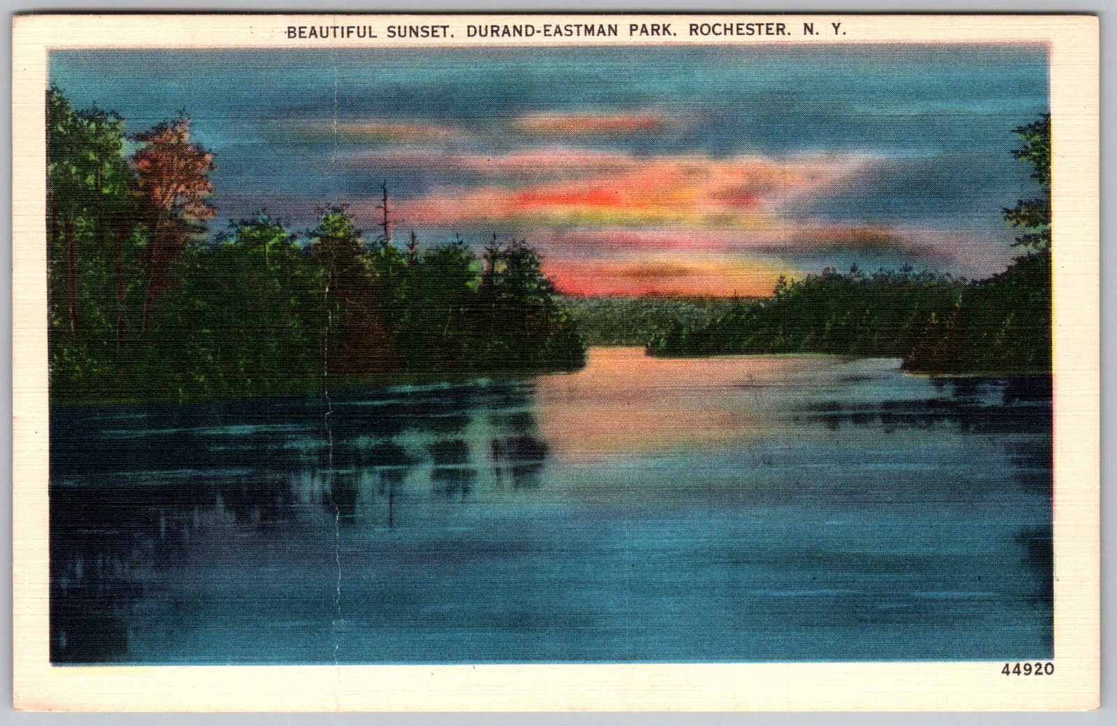 Vtg Linen Postcard Durand-eastman Park Sunset Rochester, NY 1950s