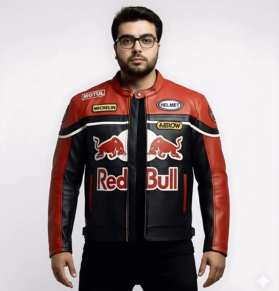 Men's RedBull Embroidered Vintage Retro Black F1 Racing Leather Motorbike Jacket - Image 3 of 4