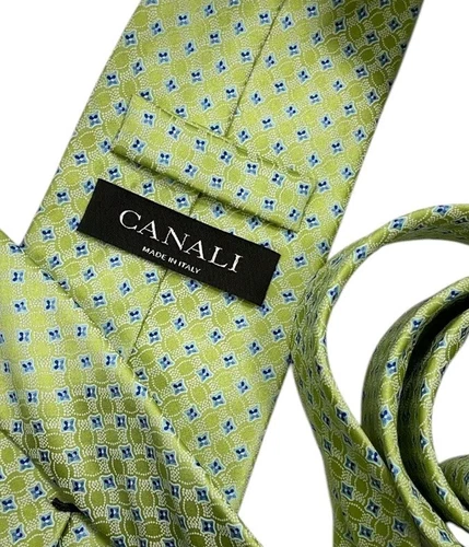 CANALI Men's 100% Silk Necktie LUXURY Tie Green Geometric W:3.5" EUC - Picture 2 of 4