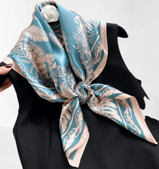 100% Silk 34" square Scarf Women neckerchief shawl Wrap floral blue pink
