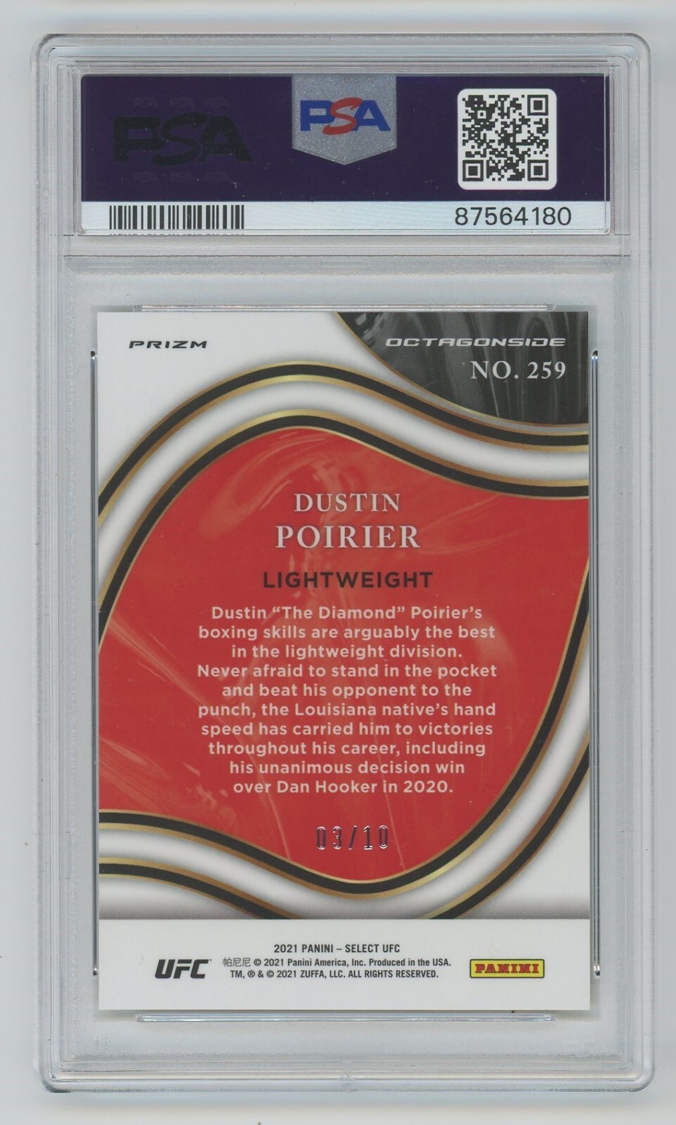Dustin Poirier 2021 Select UFC Octagonside #259 Gold Prizm 3/10 PSA 10 Pop 3 view 2