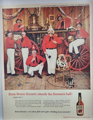 1959 Four Roses Whiskey Handlebar Mustaches Firemans Ball MCM Original Print Ad