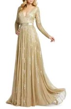 Mac Duggal Taupe Gold  Long Sleeve Sequin & Bead Stripe Gown Size 4 $598