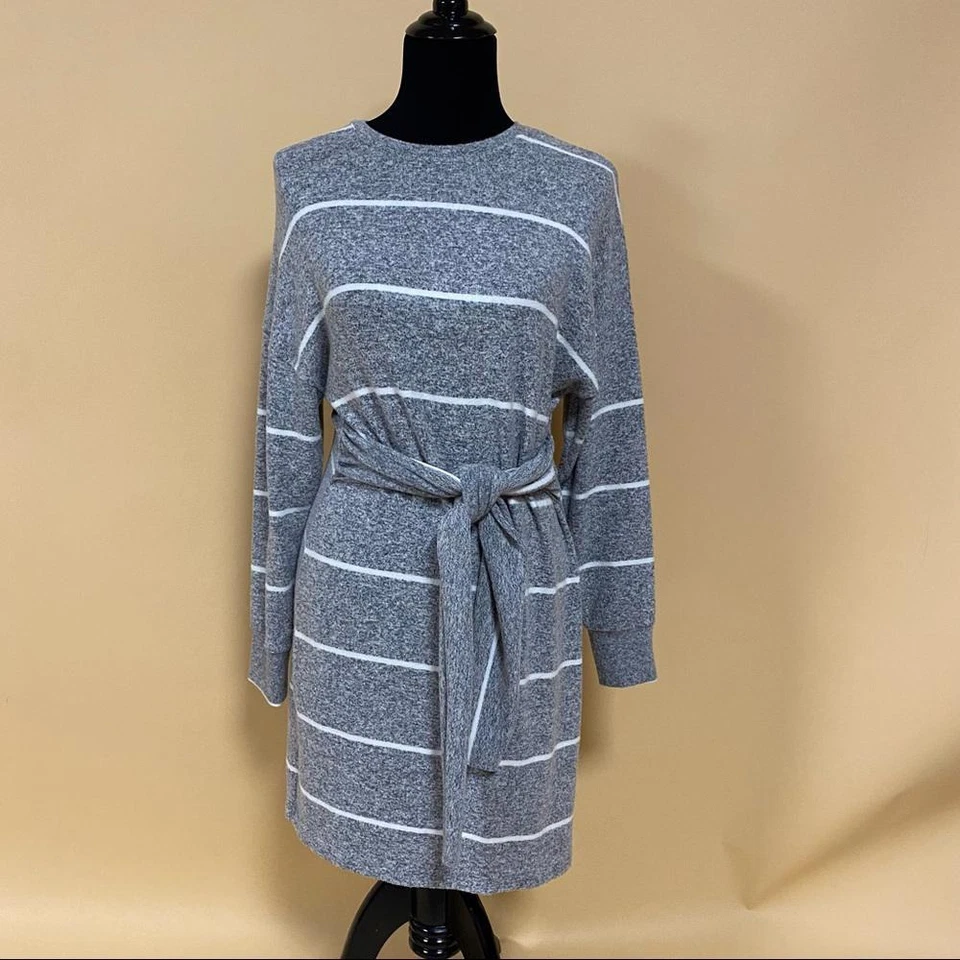 Topshop Fleece Grey White Striped Long Sleeve Front Tie Waist Dress Size US 4 - Изображение 3 из 4